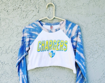 Reworked Los Angeles Chargers Tie Dye Crop Top T-shirt, Bleach Dyed Cropped T Shirt, Handmade LA Graphic tee, Size XS and Small