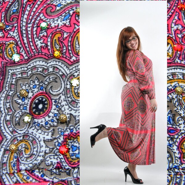Sock it to Me 2 - Vintage 60s/70s Trippy Psychedelic Designer Maxi Dress with Poet Sleeves and beaded bodice - Plus Size Diva