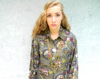 Vintage 90s Silk Button Up Blouse - All Over Print - Pop Art Luggage Stickers Tags Collage Style Print - Miss Vie Brand - Medium M