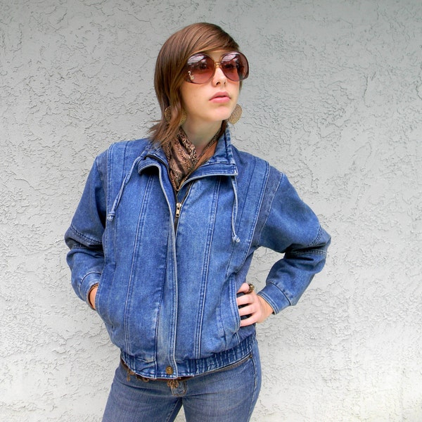 The Denim Blues - Vintage 80s/90s Stone Washed Denim Jean Bomber JACKET - small S - Fall Fashion