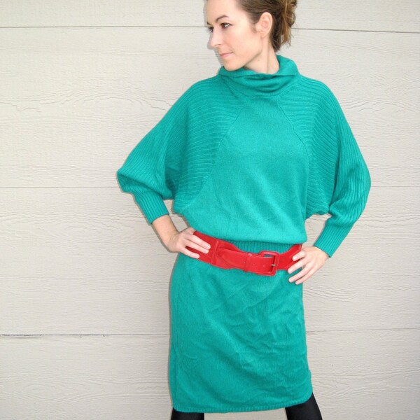 Vintage 80s Sexy Slouchy Teal Sweater Dress with Cowl/Turtle Neck and Amazing Batwing Dolman Sleeves - M/L