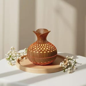 Peut inclure: Diffuseur d'huiles essentielles en bois avec un dessus en forme de fleur et une base ronde. Le diffuseur présente un motif de grain de bois et un design découpé. Il est posé sur un plateau en bois, avec des fleurs blanches. Environ 15 cm de haut.