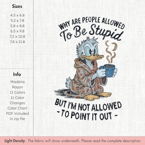 Diseño de bordado de pato matutino sarcástico con cita divertida y gruñona (archivo digital)