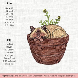 May include: An embroidered design featuring a sleeping cat nestled in a brown flower pot with green stems and yellow flowers. The design includes the sizes: 4.4 x 5.8 inches, 5.2 x 6.8 inches, 6.0 x 7.8 inches, 6.7 x 8.8 inches, 7.5 x 9.8 inches, 8.3 x 10.8 inches, and 9.0 x 11.8 inches.