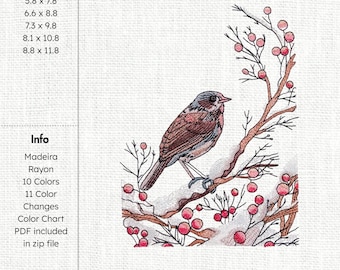 May include: An embroidered design featuring a detailed bird perched on a branch with red berries. The design includes the text "Sizes" and "Info" with details about the materials and colors used. The design sizes range from 5.8 x 7.8 inches to 8.8 x 11.8 inches.