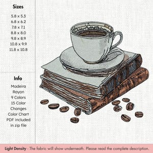 Könnte beinhalten: Ein gesticktes Design mit einer Kaffeetasse auf einem Stapel Bücher, mit verstreuten Kaffeebohnen. Das Design enthält den Text "Sizes", "Info" und weitere Details. Das Design ist in verschiedenen Größen erhältlich, von 14.7 x 13.5 cm bis 30 x 27.4 cm.