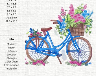 Blauwe fiets met bloemen Machineborduurontwerp Lente fietsborduurpatroon Bloemen fietsborduurwerk Basket of Flowers-borduurwerk