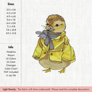 May include: An embroidered design of a chick wearing a yellow jacket and a gray scarf. The chick has a brown head and a light brown body. The design includes the sizes: 3.5 x 4.8 inches, 4.2 x 5.8 inches, 4.9 x 6.8 inches, 5.6 x 7.8 inches, 6.4 x 8.8 inches, 7.1 x 9.8 inches, 7.8 x 10.8 inches, and 8.5 x 11.8 inches.