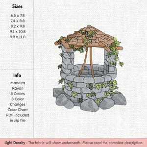 May include: An embroidered design of a stone well with a wooden roof and climbing ivy. The design includes the text "Sizes" and measurements in inches, and "Info" with details about the materials and colors.