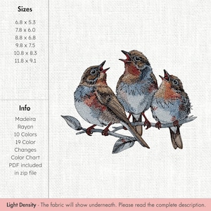 May include: An embroidered design of three birds with open beaks, perched on a branch. The birds are depicted with brown, red, and blue feathers. The design includes the text "Sizes" and "Info".