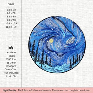 May include: Embroidered circular design depicting a swirling night sky with a bright moon and stars, and silhouetted trees. The design is in shades of blue and white. Sizes available: 17.3 x 17.3 cm to 30 x 30 cm.