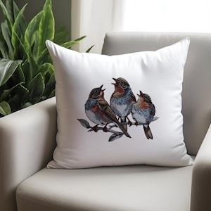 May include: White square throw pillow featuring an embroidered design of three singing birds perched on a branch. The birds have brown, red, and blue plumage. The pillow is on a light gray chair.
