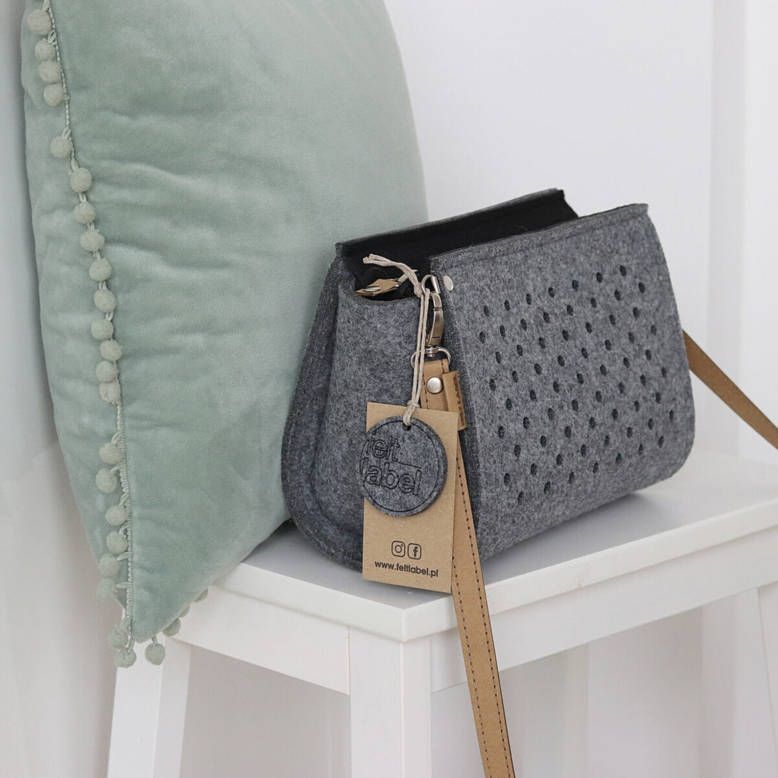 Gray felt crossbody bag with washable long belt laser cut Etsy