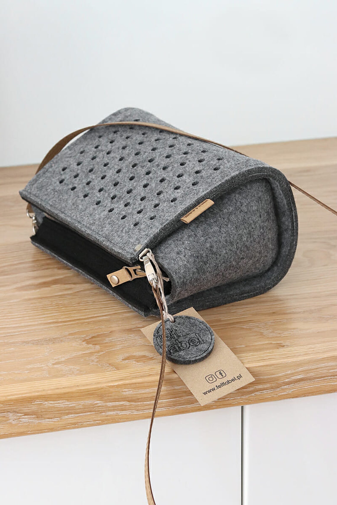 Gray felt crossbody bag with washable long belt laser cut Etsy