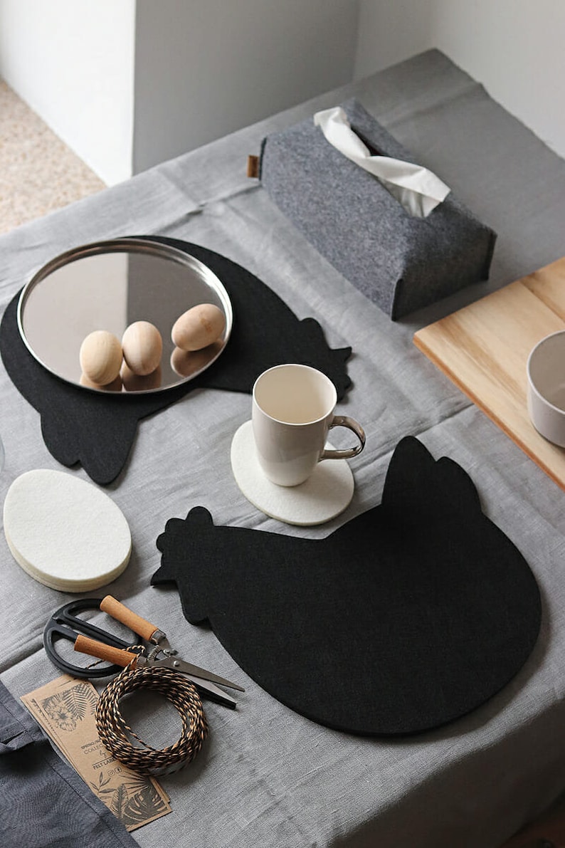 felt placemats hen shape chicken four elements fowl felt big coasters Four felt coasters