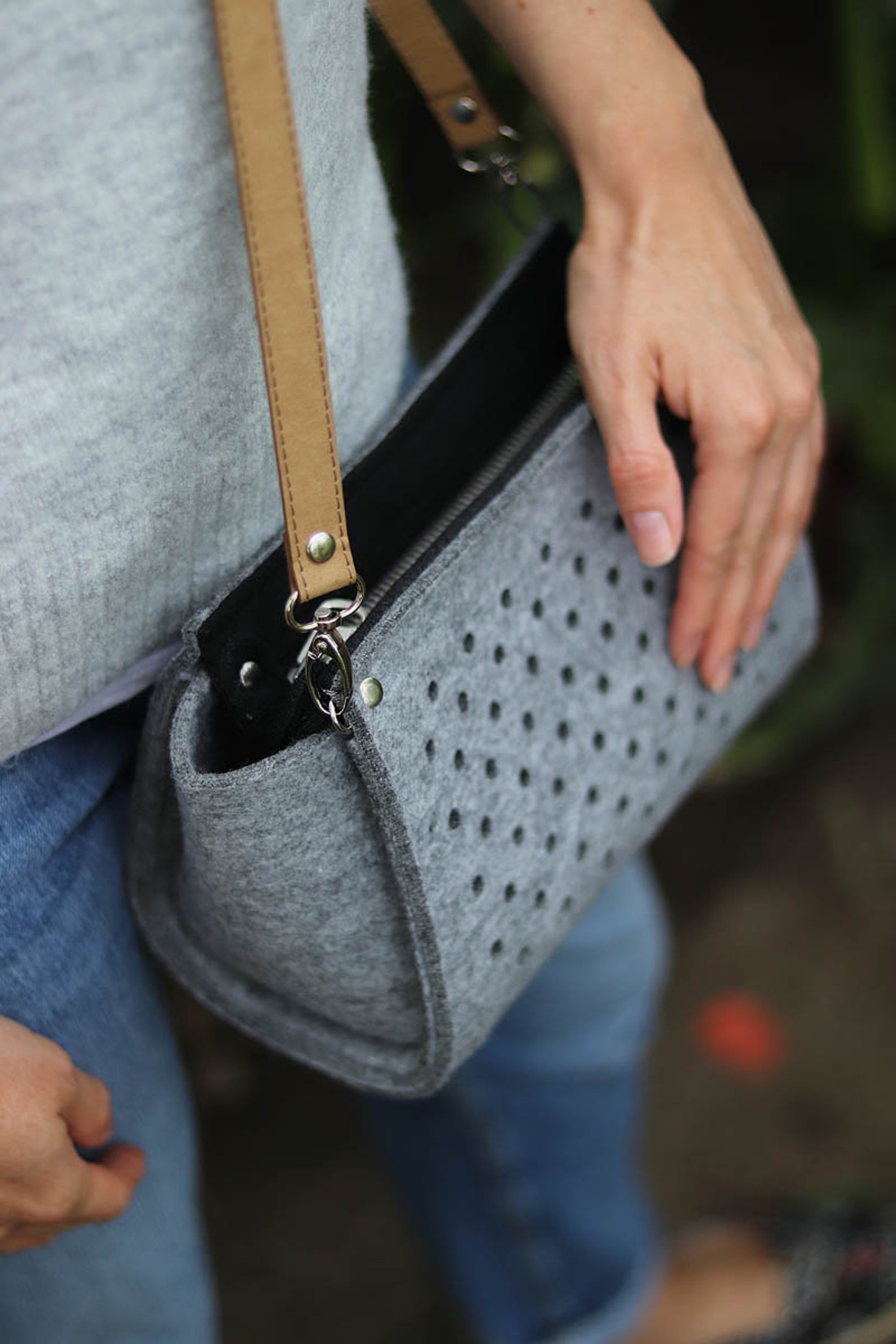 Gray felt crossbody bag with washable long belt laser cut Etsy