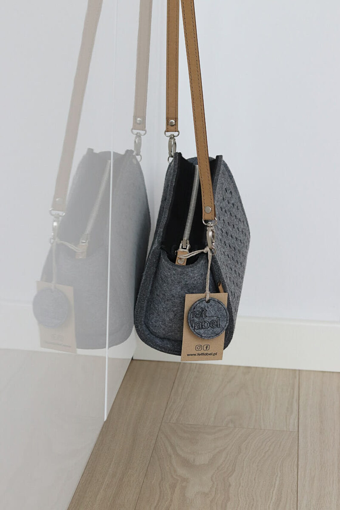 Gray felt crossbody bag with washable long belt laser cut Etsy