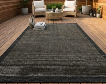Handwoven PET Striped Rug, Neutral Modern Area Carpet for Living Room