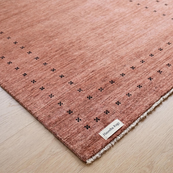 Blush Pink Wool Rug Handmade Plush Soft Minimal Bedroom Living Room Carpet