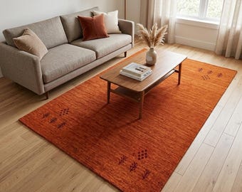 Handwoven Wool Gabbeh Rug Burnt Orange Minimalist Scandinavian Living Room Carpet