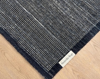 Alfombra de PET tejida a mano a rayas, alfombra moderna neutra para sala de estar y dormitorio.