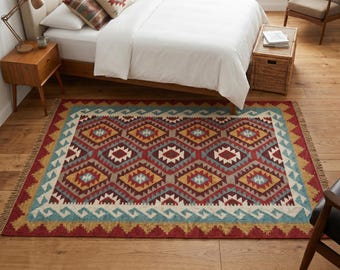 Colorful Diamond Wool Rug, Handwoven Flatweave Boho Area Rug