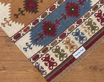 Handwoven Wool Kilim Area Rug, Tribal Geometric Flatweave Boho Carpet