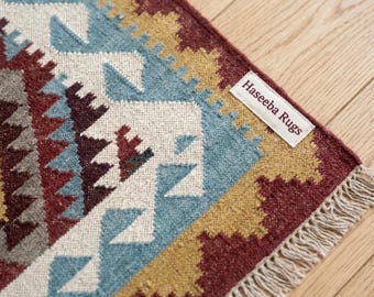 Handwoven Wool Kilim Rug Colorful Geometric Tribal Boho Area Rug Living Room Decor