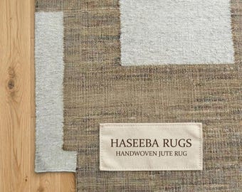 Neutral Jute Wool Rug Reversible Flatweave Scandinavian Geometric Modern Area Carpet