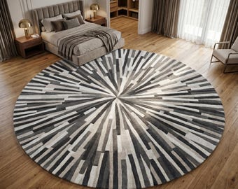Hand Tufted Wool Round Rug, Modern Abstract Sunburst Design
