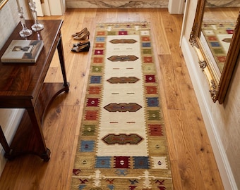 Handwoven Kilim Runner Rug, Multicolor Wool Flatweave Tribal Geometric Area Rug
