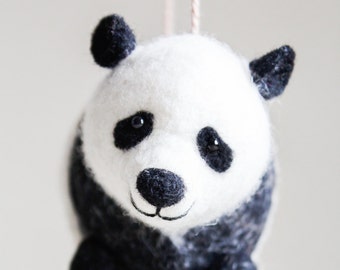 Felt Panda - Nuo. Art Toy, felted panda stuffed toy, gift for kids, plush Panda Bear Marionette Stuffed Animal Felted Toys. black and  white