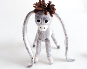 Christmas Ornament - Nestor - The small Long-Eared Christmas Donkey. Art Toy Felted baby donkey gift for kids.