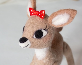 Clarice, Handmade Wool Felt Xmas Reindeer.  Rudolph the Red-Nosed Reindeer Movie.  Art Toy.  Holiday Decoration.