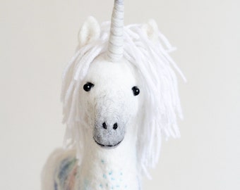 Unicorn - Felt Toy, Felted White Handmade Toy Marionette Puppet Stuffed Mythical animal horse baby shower gift nursery decor. white, pastel.