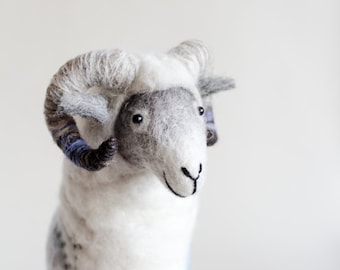 Felted Ram - Hugo.  Art Toy Marionette Sheep Handmade Puppet Felt Stuffed Toy gift kids Waldorf  baby shower gift nursery decor white blue.