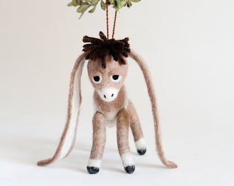 Christmas Ornament - Nestor - The small Long-Eared Christmas Donkey. Art Toy Felted baby donkey gift for kids.