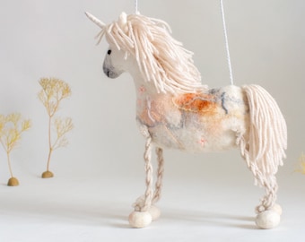 Unicorn Felicity - Felt Toy, Felted White Horse Handmade Toy, Marionette Puppet, Stuffed Mythical animal, baby shower gift, nursery decor