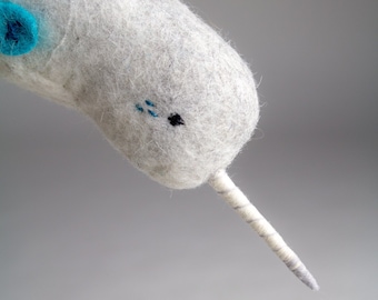 Felt Narwhal Swen - Felted  Art Toy Narwhal Plushie Whale  Unicorn of the Sea Toy, Whale toy, Stuffed  whale plush, aquamarine