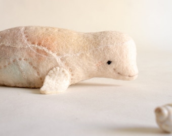 Beluga Whale - Camelia - Toy, White Whale, Art Felt Toy, Stuffed whale plush, nursery decor, for kids, Felted Whale Sea toy, pastel peach.