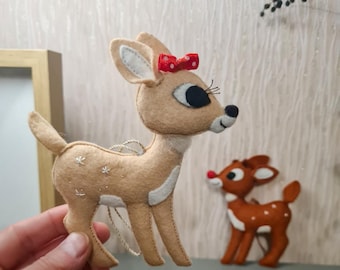 Clarice Felt Christmas Ornament, Handmade Embroidered Reindeer. Christmas tree Decoration.