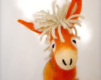 Felted Donkey - Augustina. Art Felt Toy Animal Marionette Puppet Felted Halloween Gift Stuffed plush for kids baby shower gift orange yellow