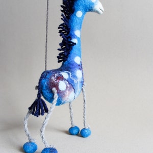 Felt Giraffe Abimbola . Art Puppet, Safari animal Marionette Stuffed Animals Felted Plush Toy for kids room decoration blue ultramarine. image 5