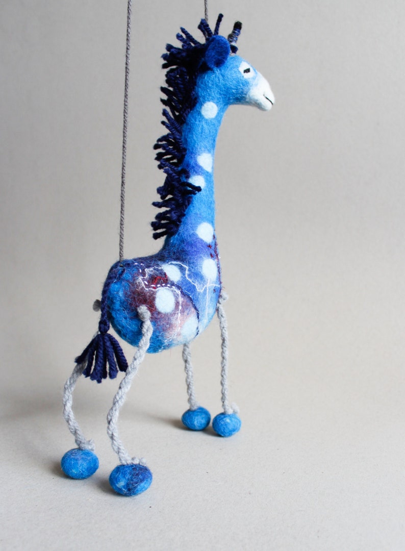 Felt Giraffe Abimbola . Art Puppet, Safari animal Marionette Stuffed Animals Felted Plush Toy for kids room decoration blue ultramarine. image 5