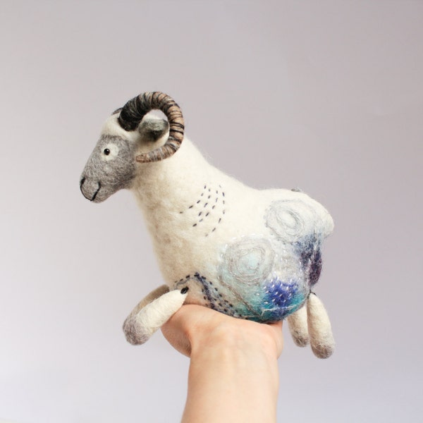 Damir - Felt Ram. Art Marionette Handmade Puppet Felted Stuffed Toy Waldorf Sheep. white grey blue rustic for dad for him. MADE TO ORDER.