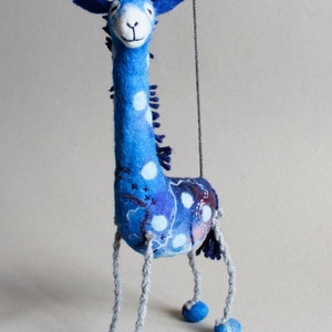 Felt Giraffe Abimbola . Art Puppet, Safari animal Marionette Stuffed Animals Felted Plush Toy for kids room decoration blue ultramarine. image 2