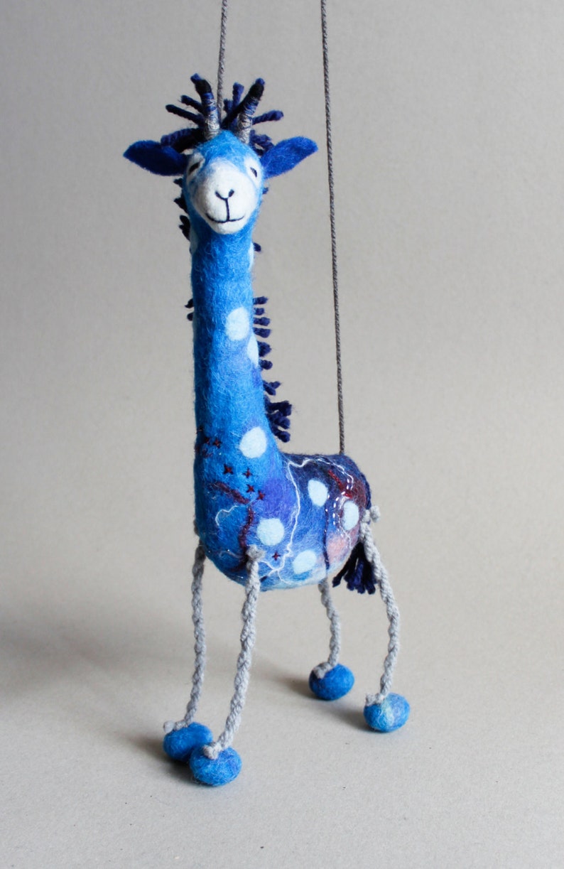 Felt Giraffe Abimbola . Art Puppet, Safari animal Marionette Stuffed Animals Felted Plush Toy for kids room decoration blue ultramarine. image 2