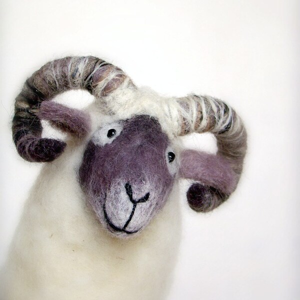 Nataniel - Felt Ram. Art Marionette. Handmade Puppet. Felted Stuffed Toy. Waldorf  Sheep. white grey purple maroon violet. MADE TO ORDER