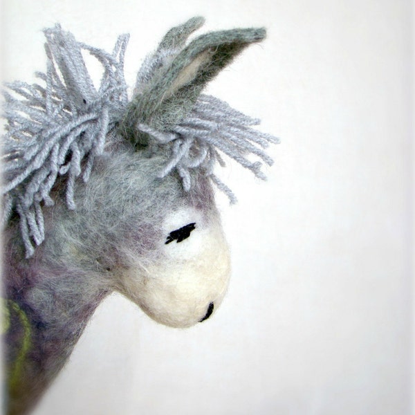 Grey Birger - Felt Donkey. Art Toy. Felted Stuffed Marionette Puppet Handmade Animals Toys. grey green gray. MADE TO ORDER.