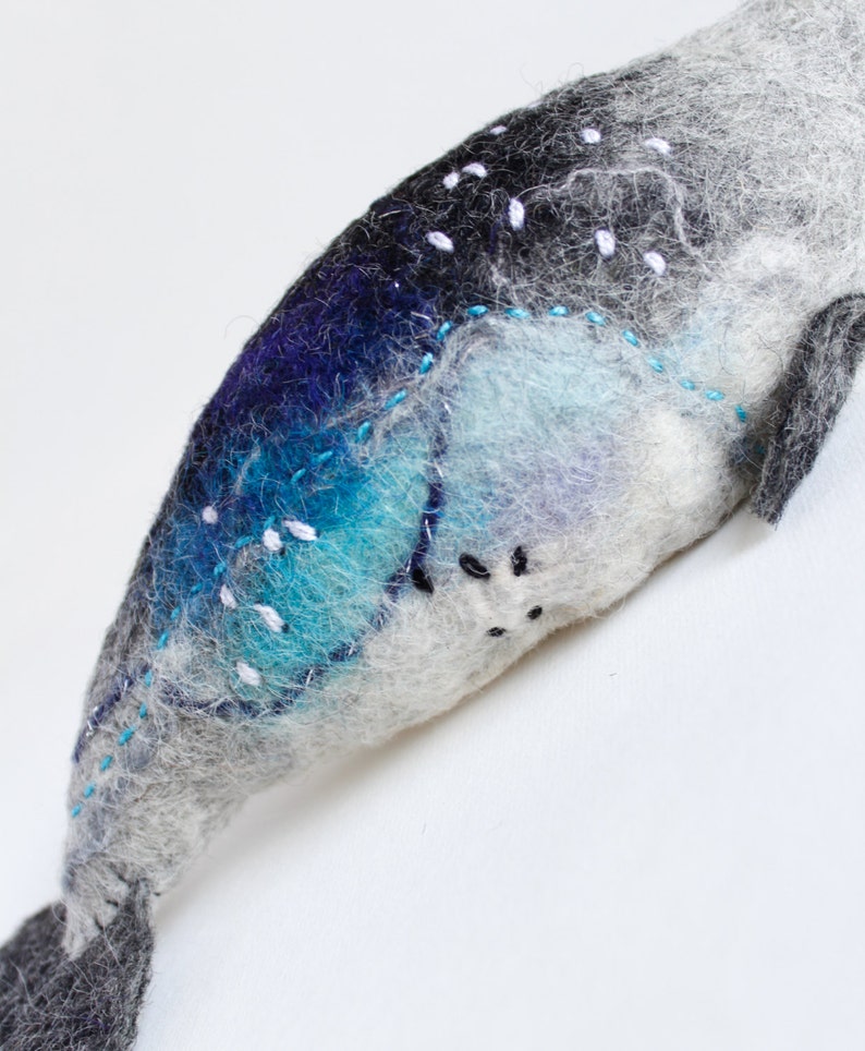 Felt Narwhal Anders Felted Art Toy Gift for kids Narwhal Sea Unicorn Toy, Whale toy, Stuffed whale plush, aquamarine. Soft toy. image 5